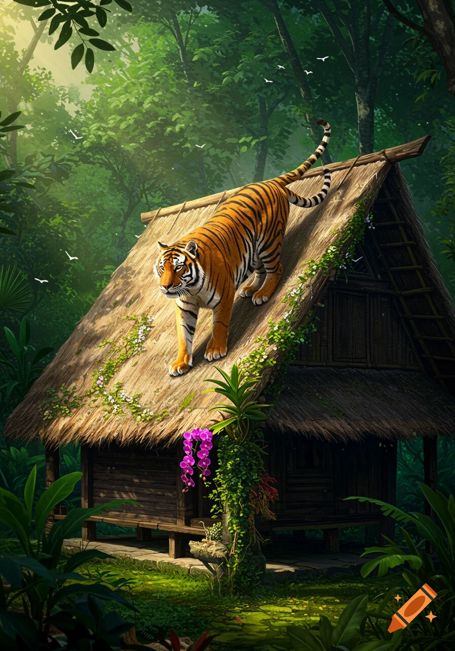 A large tiger walks on the thatched roof of a hut in a vibrant, sunlit jungle, depicted in a detailed digital painting style.