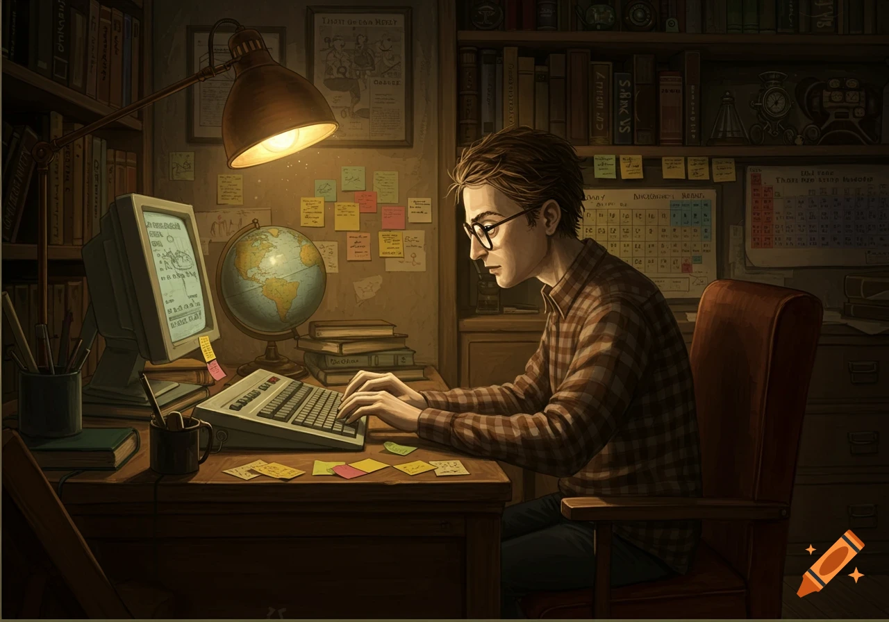 A man wearing glasses and a plaid shirt sits at a desk, typing on a computer keyboard in a dimly lit room filled with books and papers.