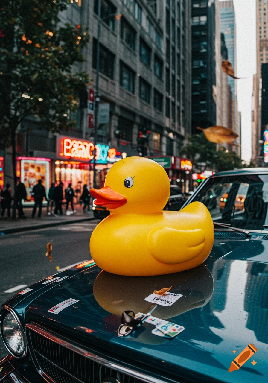 A large yellow rubber duck sits on the hood of a dark car on a city street at dusk, with neon signs glowing in the background.