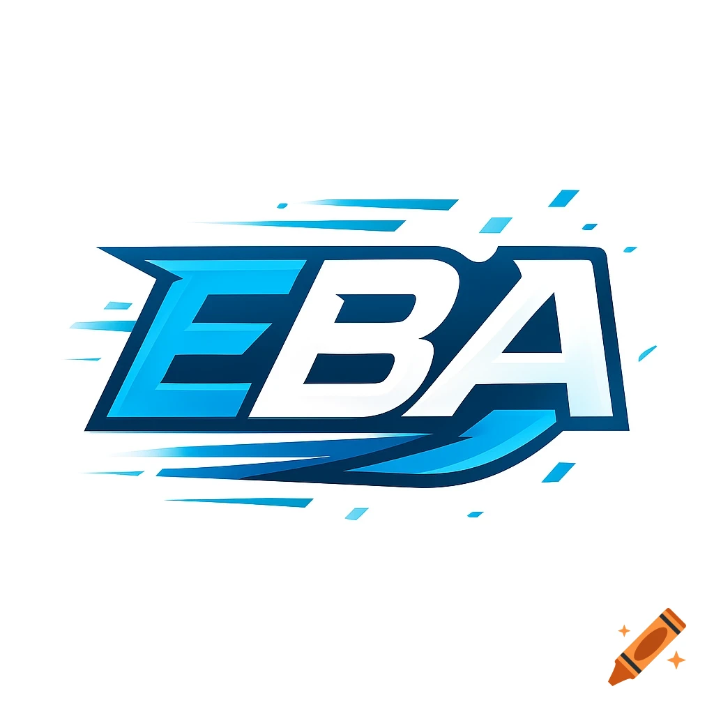 A blue and white sporty logo with the letters EBA and speed lines.