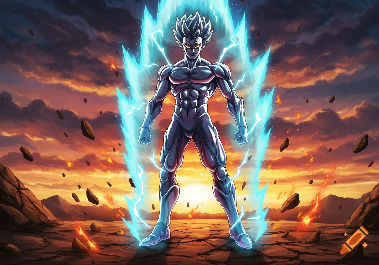 An anime-style muscular male character with white hair powers up with a blue energy aura and lightning in a fiery, rocky landscape.