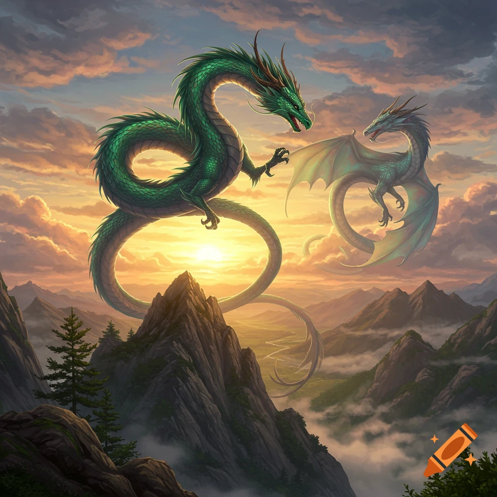 Two majestic dragons soar above a misty mountain range during a vibrant sunset.