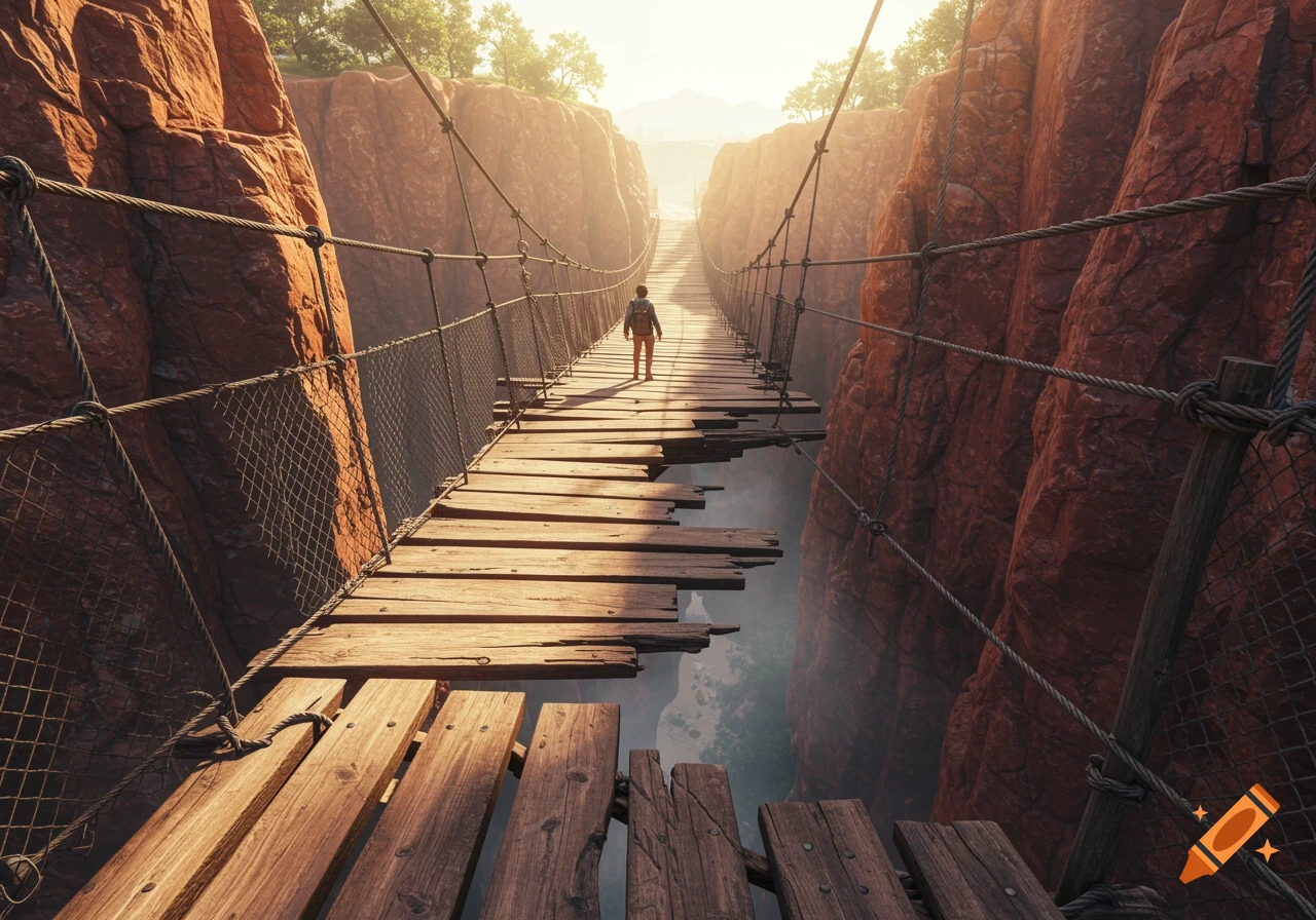 A lone person stands on a severely damaged wooden suspension bridge high above a deep, sunlit canyon. Photorealistic.