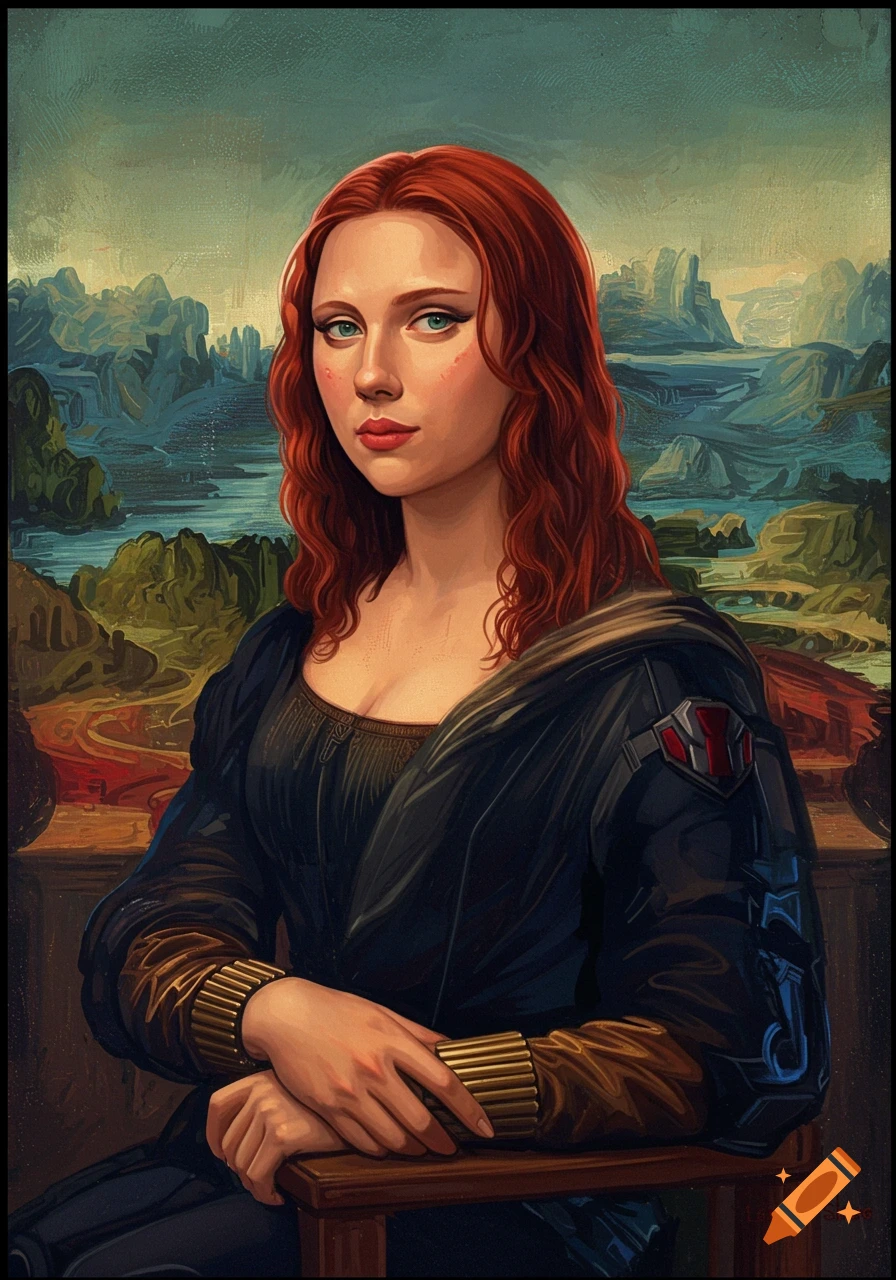 A portrait of Black Widow from Marvel, depicted in the style of Leonardo da Vinci's Mona Lisa, with a landscape background.
