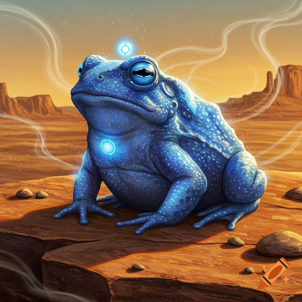 A large, blue, speckled toad with glowing symbols on its head and chest sits on a rock in a vast desert landscape.