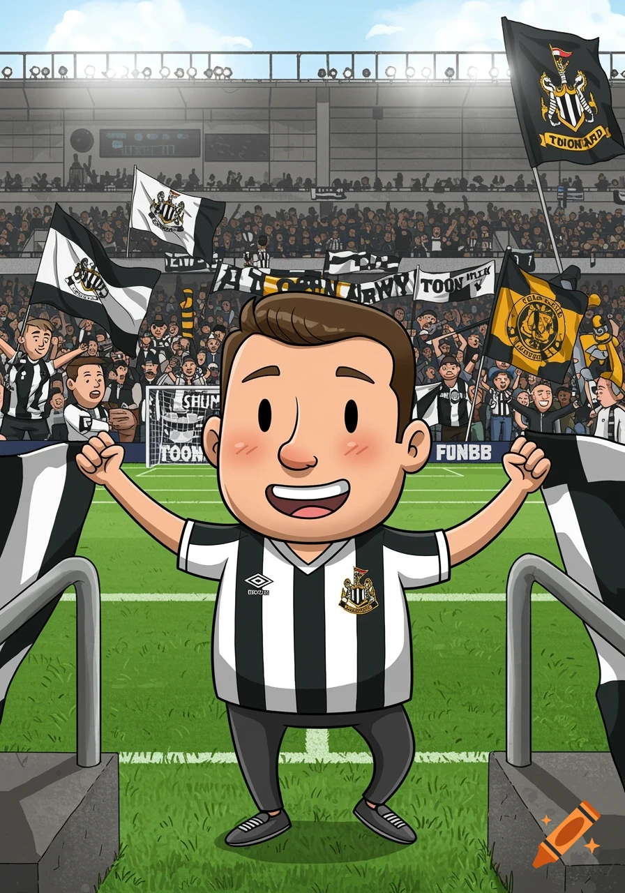 A cartoon man in a black and white striped Newcastle United jersey smiles in a stadium filled with fans holding team flags and banners.