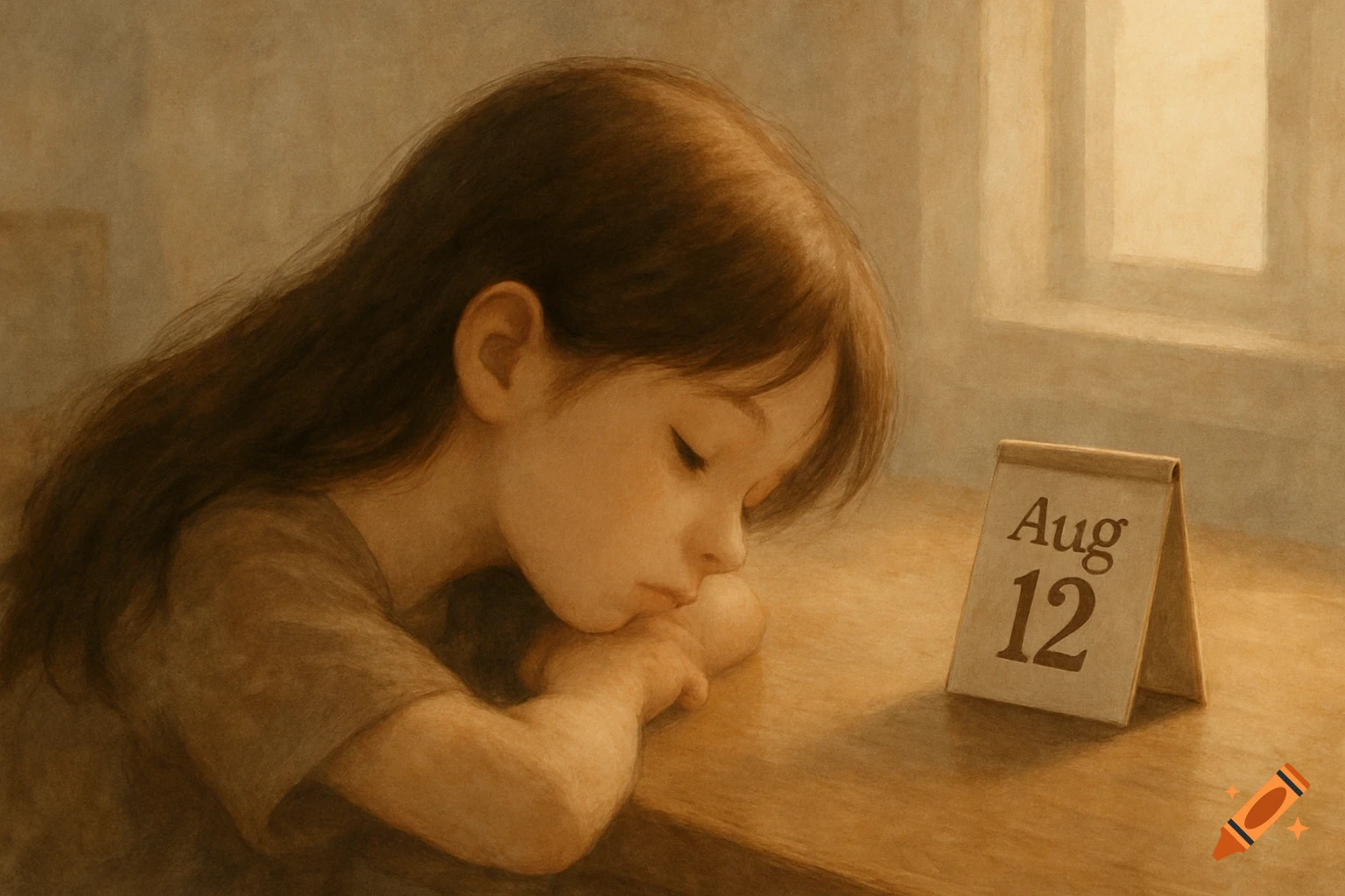 A young girl with long brown hair rests her head on her arms on a wooden table, next to a calendar displaying 'Aug 12'.
