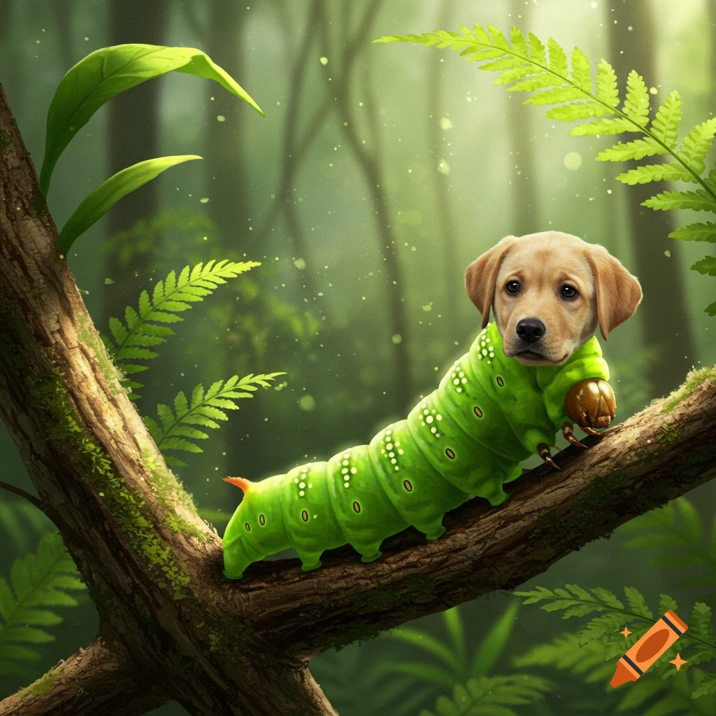Photorealistic image of a golden retriever puppy's head on a bright green caterpillar, on a mossy tree branch in a lush forest.