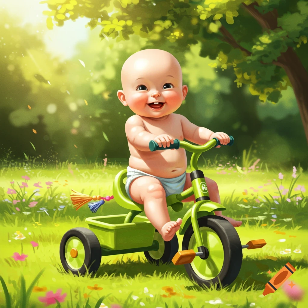 A bald baby in a diaper happily rides a green tricycle through a sunny, grassy field filled with wildflowers and trees.