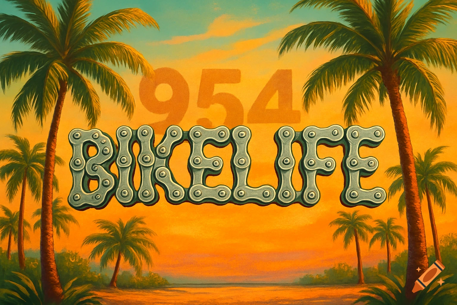 Text 'BIKELIFE' in chain letters and '954' over a vibrant sunset sky with palm trees on a tropical beach.