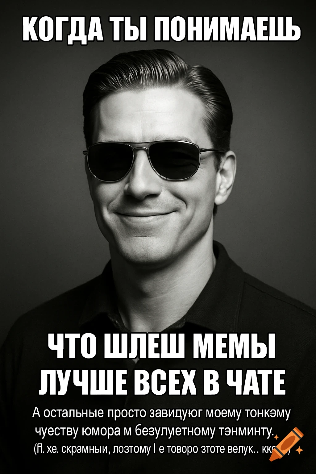 A smiling man in sunglasses with slicked-back hair, in black and white, with Russian meme text above and below him.