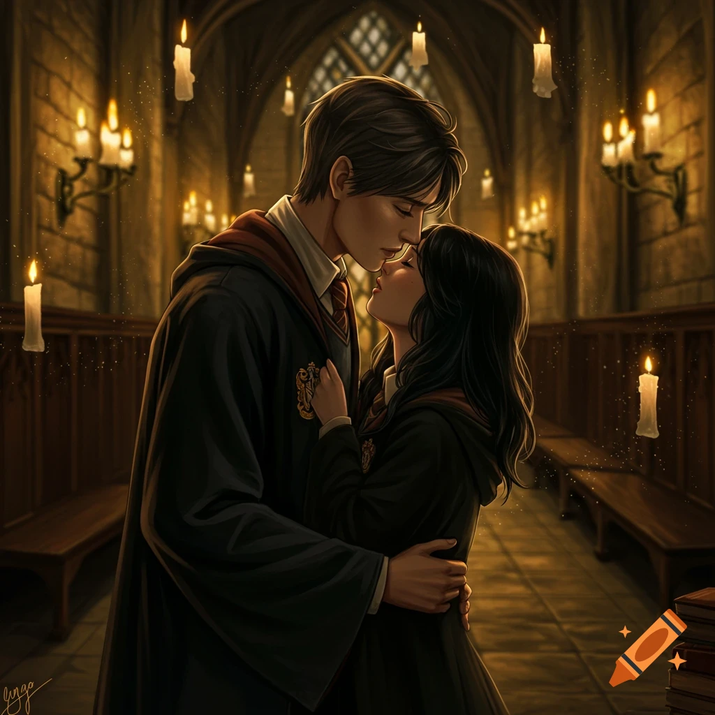 An illustrated image of a young man and woman in school robes embracing in a candlelit hall, about to kiss.