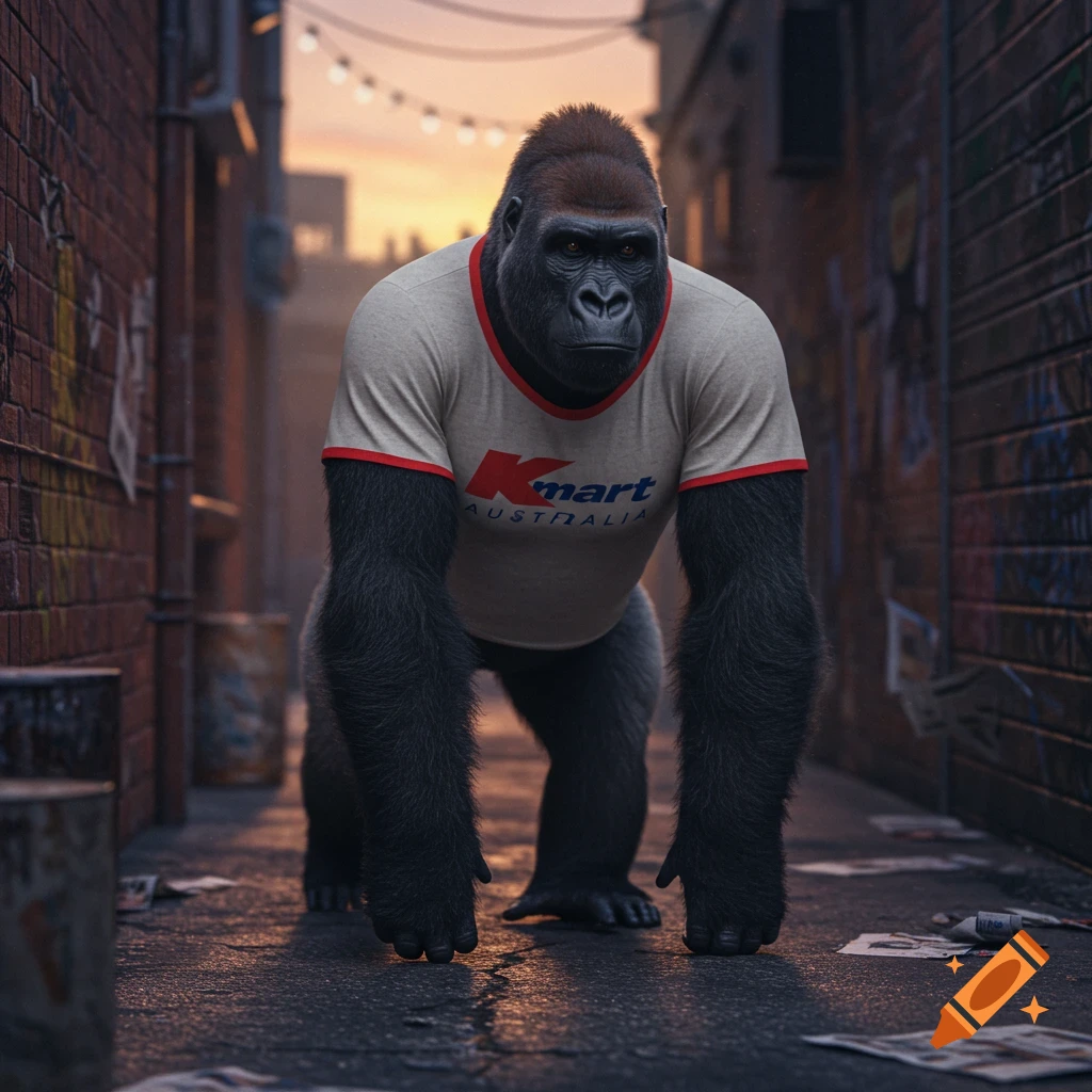 A photorealistic gorilla wearing a Kmart Australia t-shirt stands in a dimly lit alley at dusk.