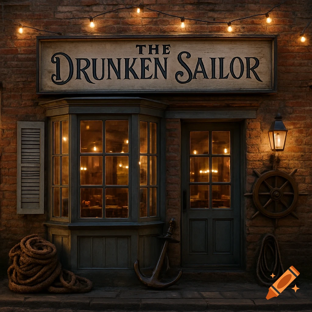 Photorealistic image of 'The Drunken Sailor' restaurant facade with a bay window, illuminated sign, lantern, anchor, and ship's wheel.