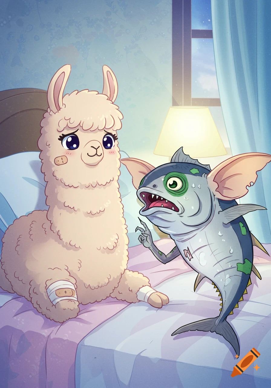 Anime style llama with bandages in bed with a tuna fish that is turning into a gremlin.
