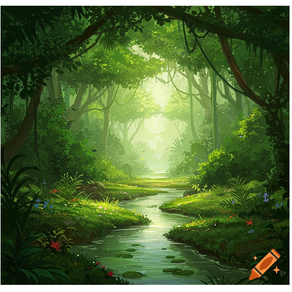A vibrant, lush green jungle with a winding river flowing through it, bathed in bright sunlight.