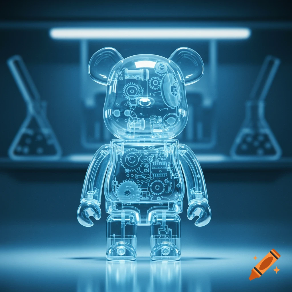 A transparent, glowing blue Bearbrick-style toy with visible internal gears stands in a futuristic laboratory.