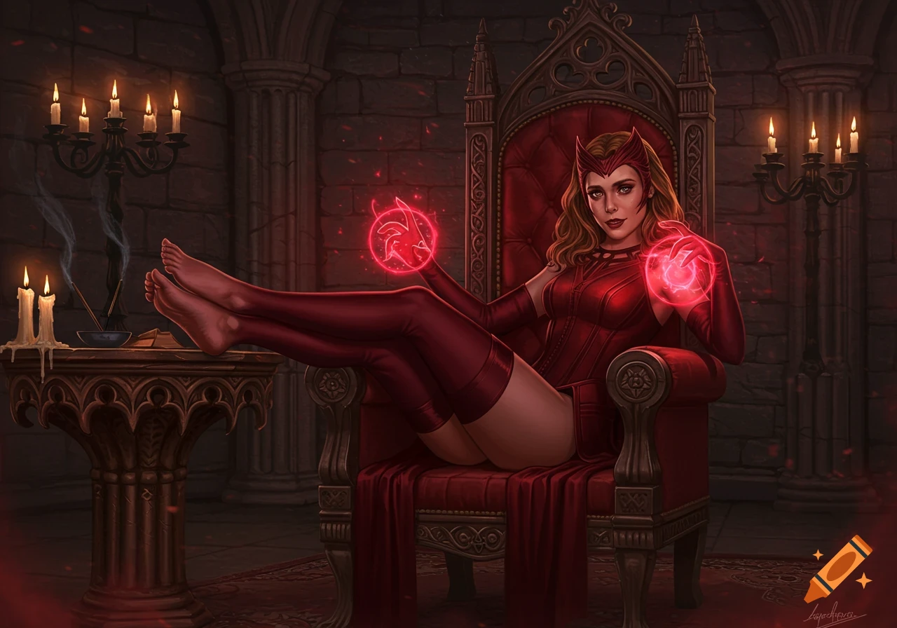 The Scarlet Witch sits on a red throne in a dark gothic room, her bare feet propped on an altar, casting red magic orbs.