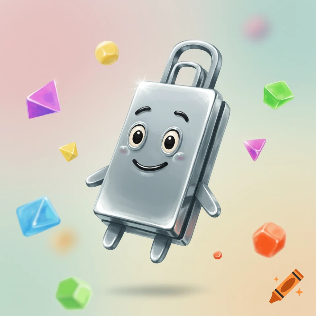 A happy, anthropomorphic silver paperclip cartoon character floats among colorful geometric shapes on a pastel background.