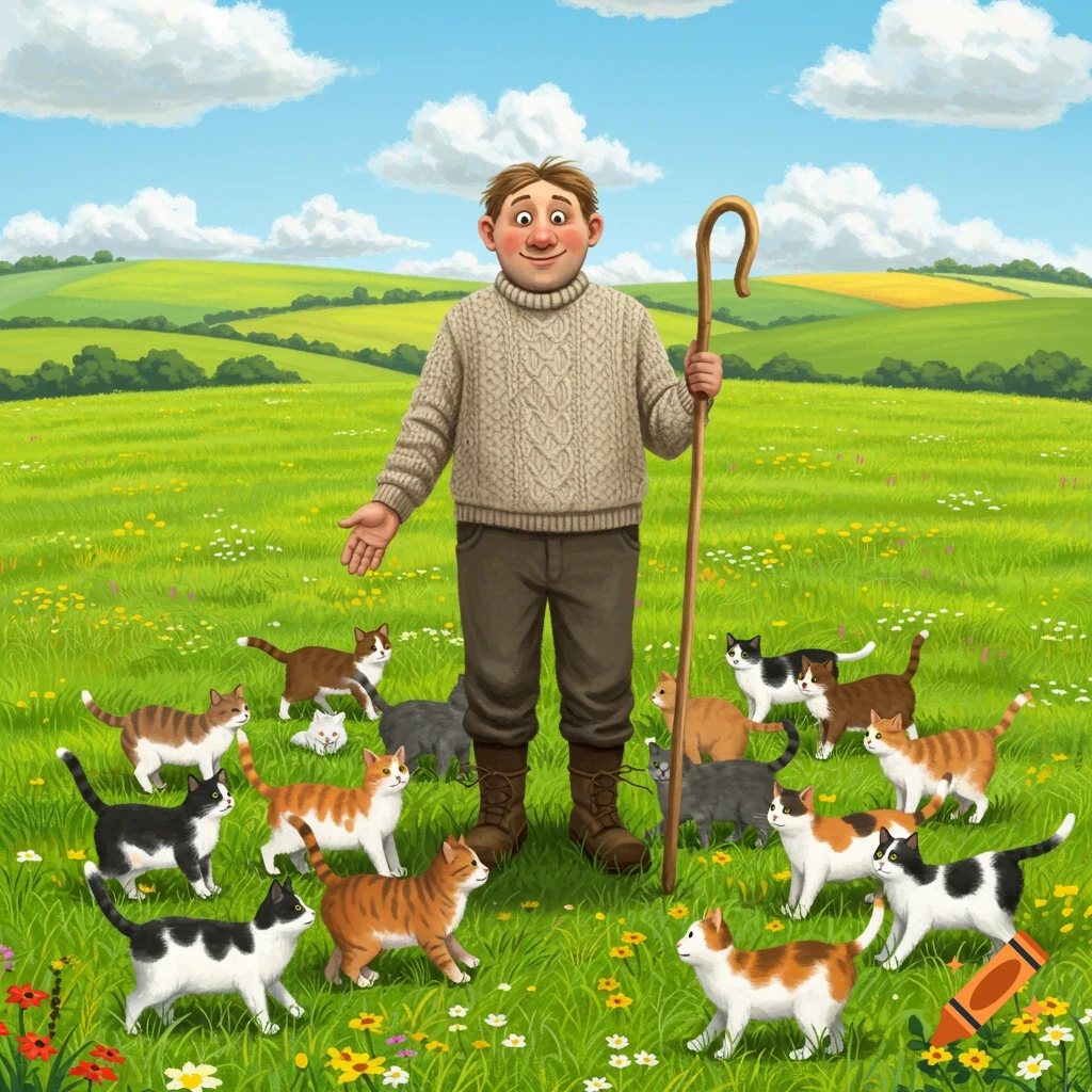 A man holding a staff stands in a green field surrounded by many cats under a blue sky with white clouds, in an illustration style.