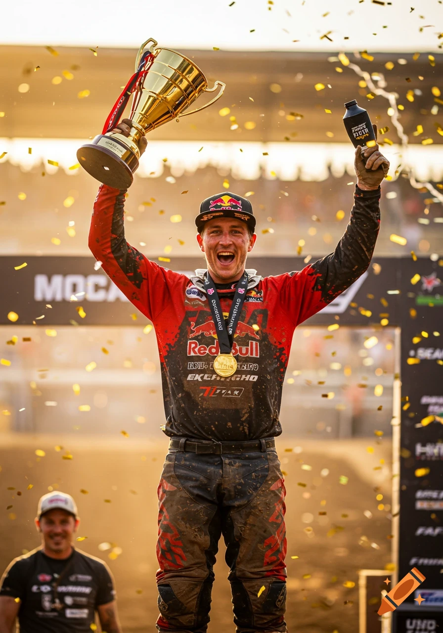 A smiling motocross racer in a red and black jersey raises a gold trophy and a black bottle in celebration, surrounded by falling gold confetti.