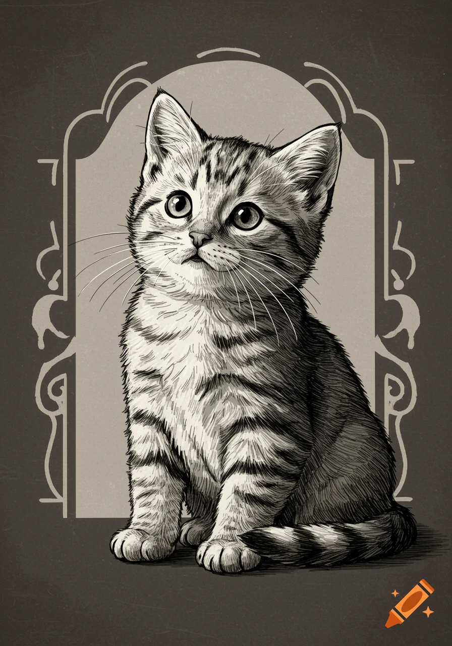 Black and white vintage-style illustration of a tabby kitten sitting, set against a decorative frame.