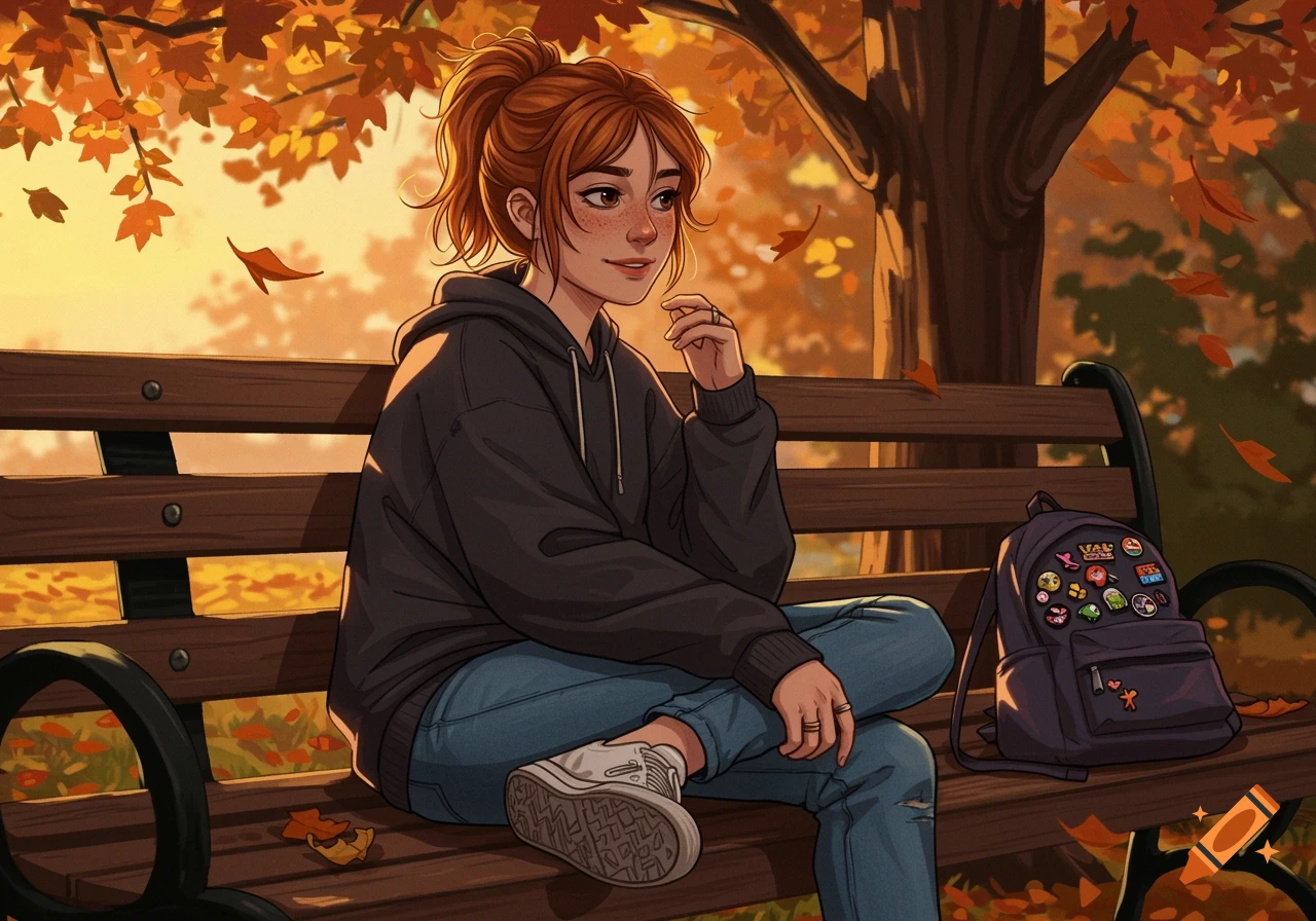 An illustration of a young woman with auburn hair in a ponytail, wearing a dark hoodie and jeans, sitting on a park bench in autumn.