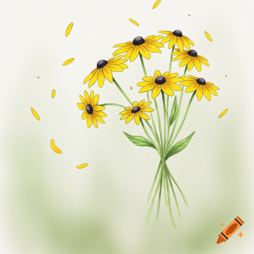 An illustration of a bouquet of yellow Black-Eyed Susan flowers with falling petals against a light green background.