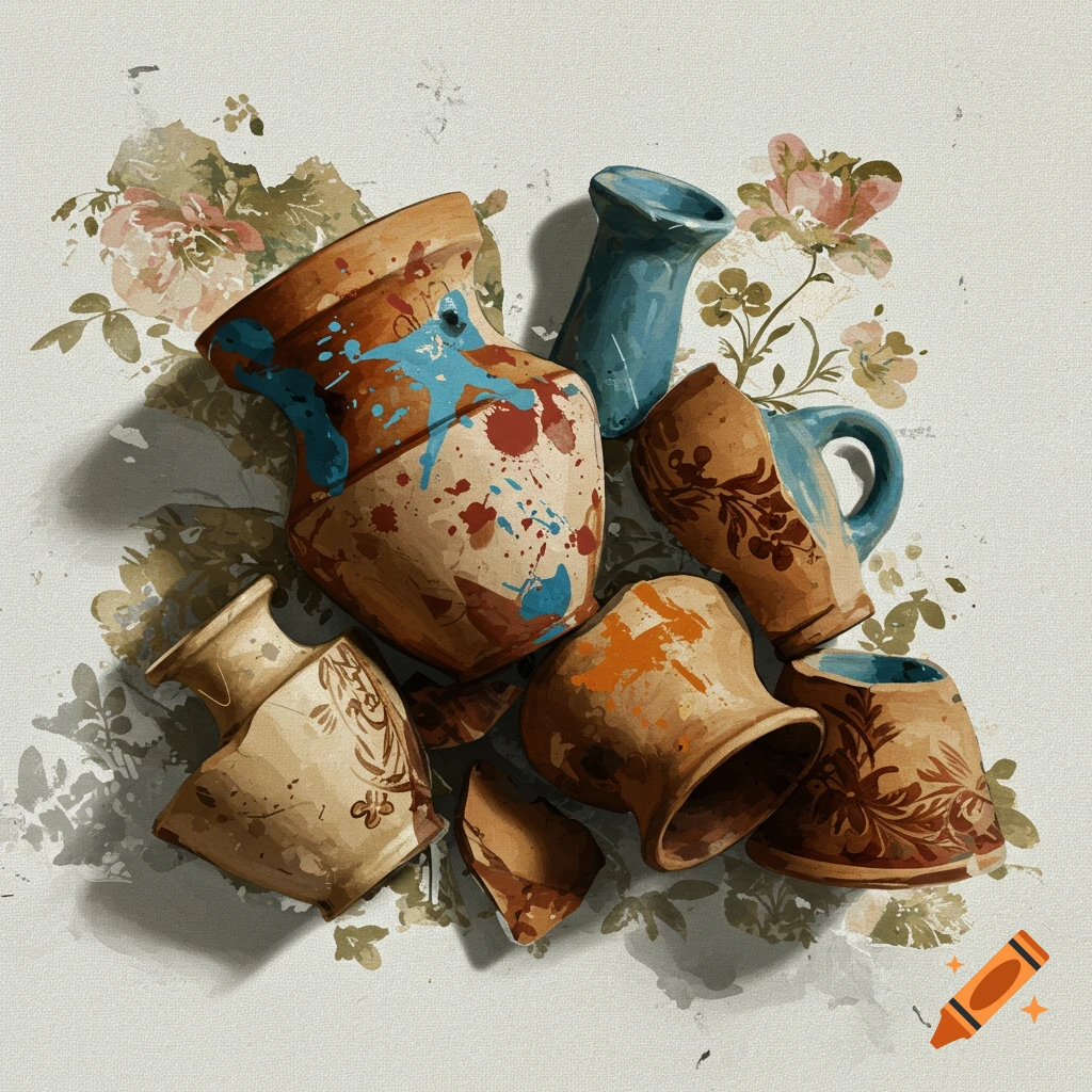A painterly still life of broken and intact ceramic pots and vases with floral patterns and paint splatters on a textured background.