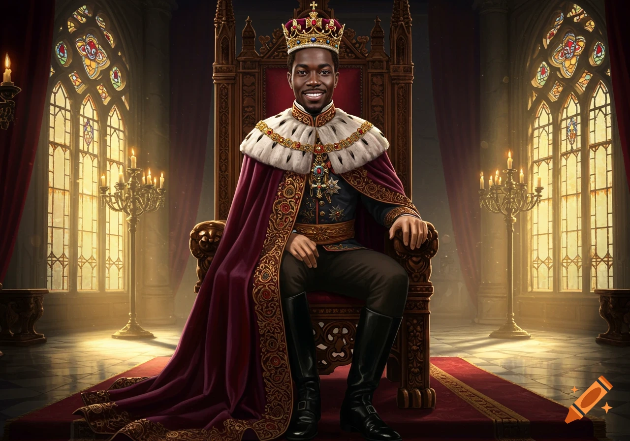 A man in regal king's attire sits on a grand throne in a castle hall with stained glass windows.