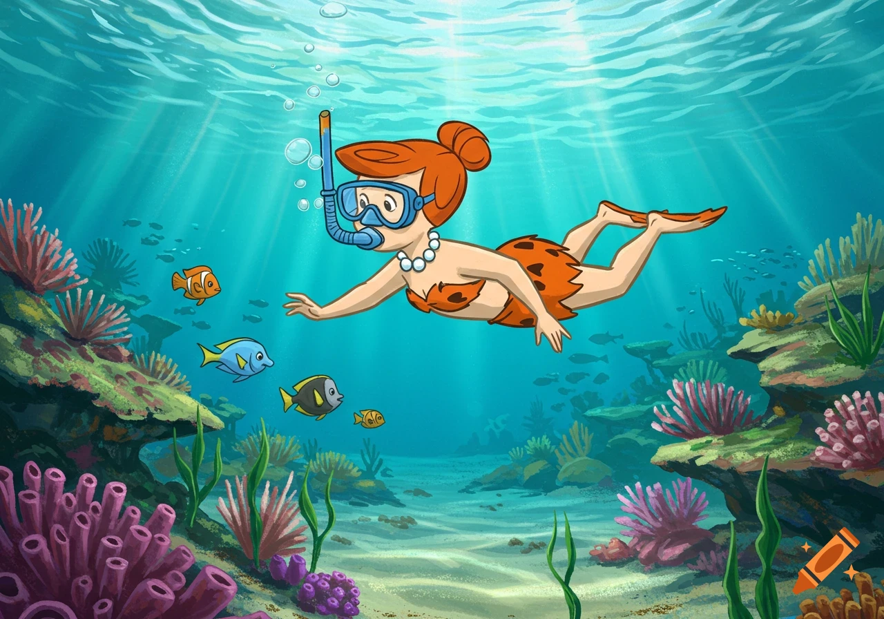 Cartoon Wilma Flintstone snorkeling underwater among colorful coral and fish.