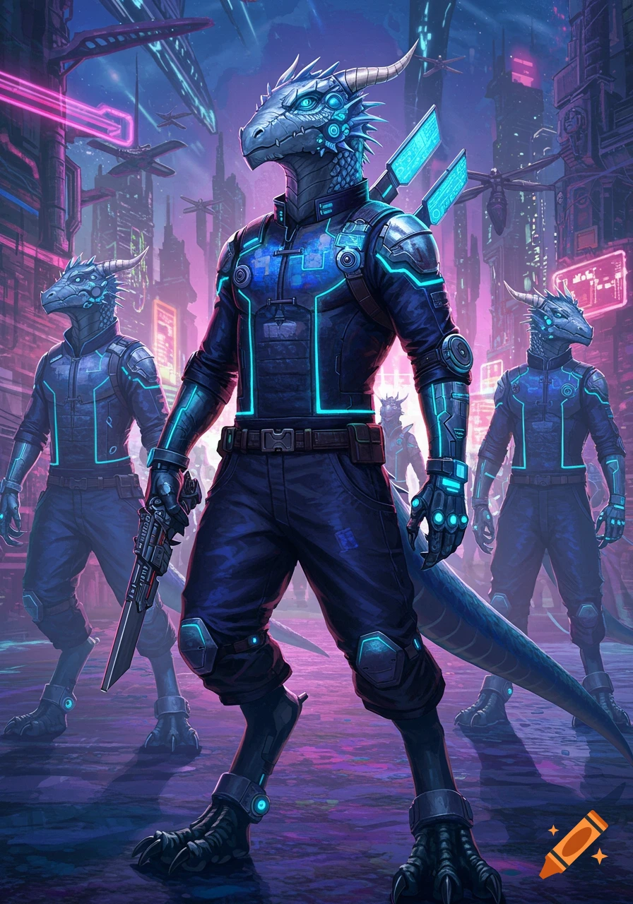 Humanoid dragons in futuristic blue armor stand in a neon-lit cyberpunk city.