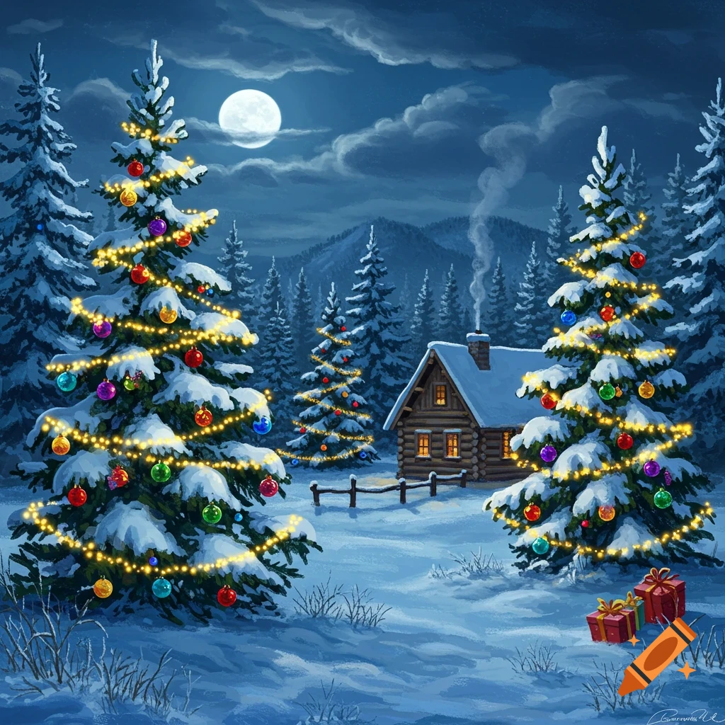 油彩画　Xmas tree Christmas tree. Winter..Oil painting. Very detailed drawing