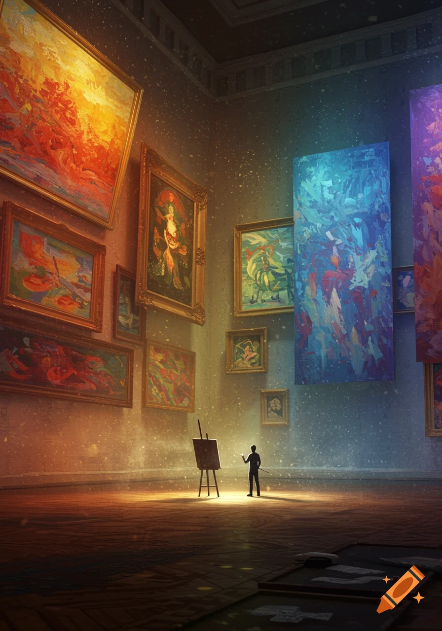 A lone figure stands in a dimly lit art gallery, surrounded by colorful abstract paintings.