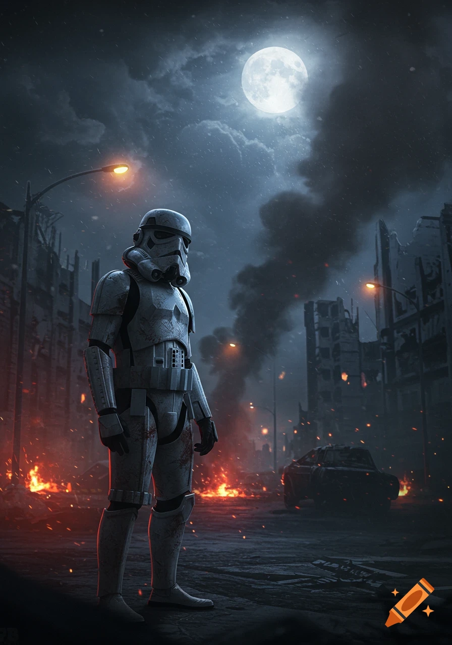 A lone Stormtrooper stands in a burning, ruined city at night under a full moon.