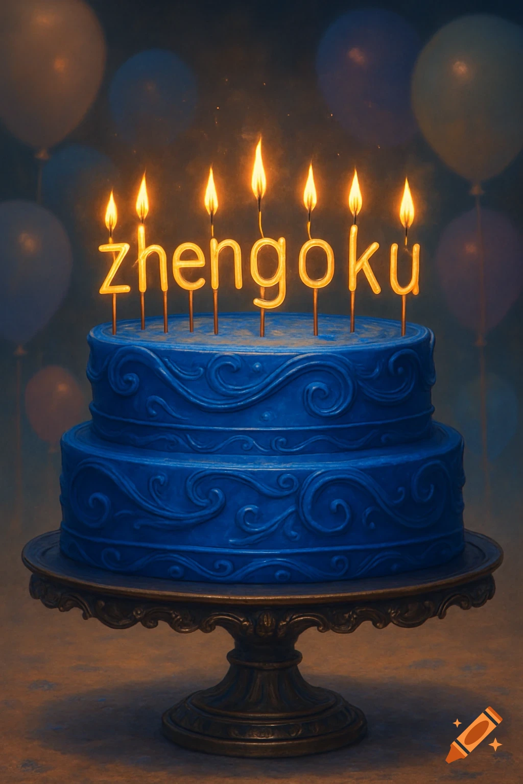 A two-tier blue birthday cake with intricate icing, topped with glowing candles that spell out "zhengoku", against a backdrop of blurry balloons.