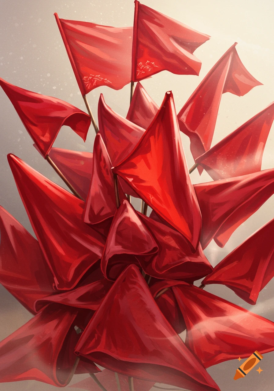 An illustration of numerous red flags clustered together, resembling a bouquet of flowers.