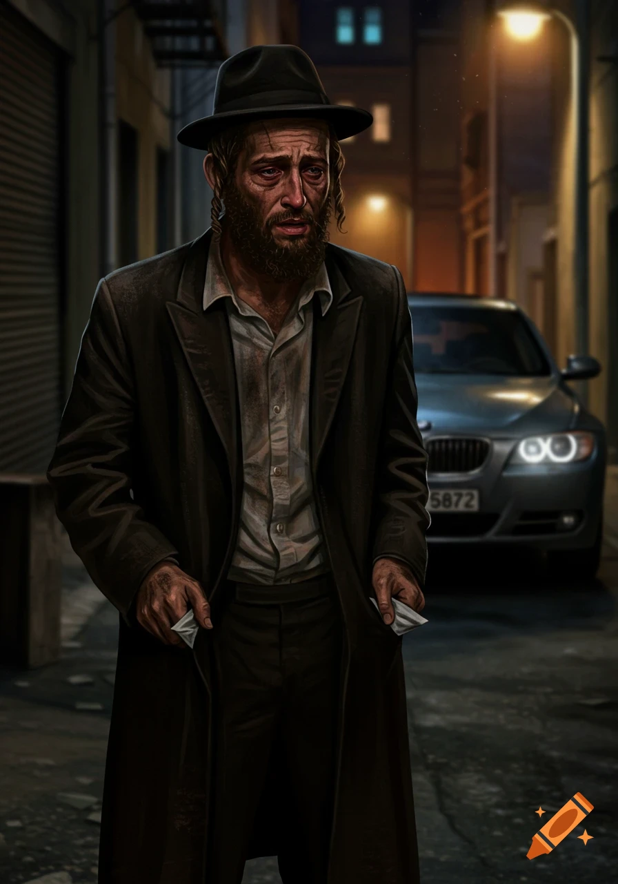 A sad Jewish man in a hat and long coat stands in a dark alley, holding out his empty pockets, with a car behind him.