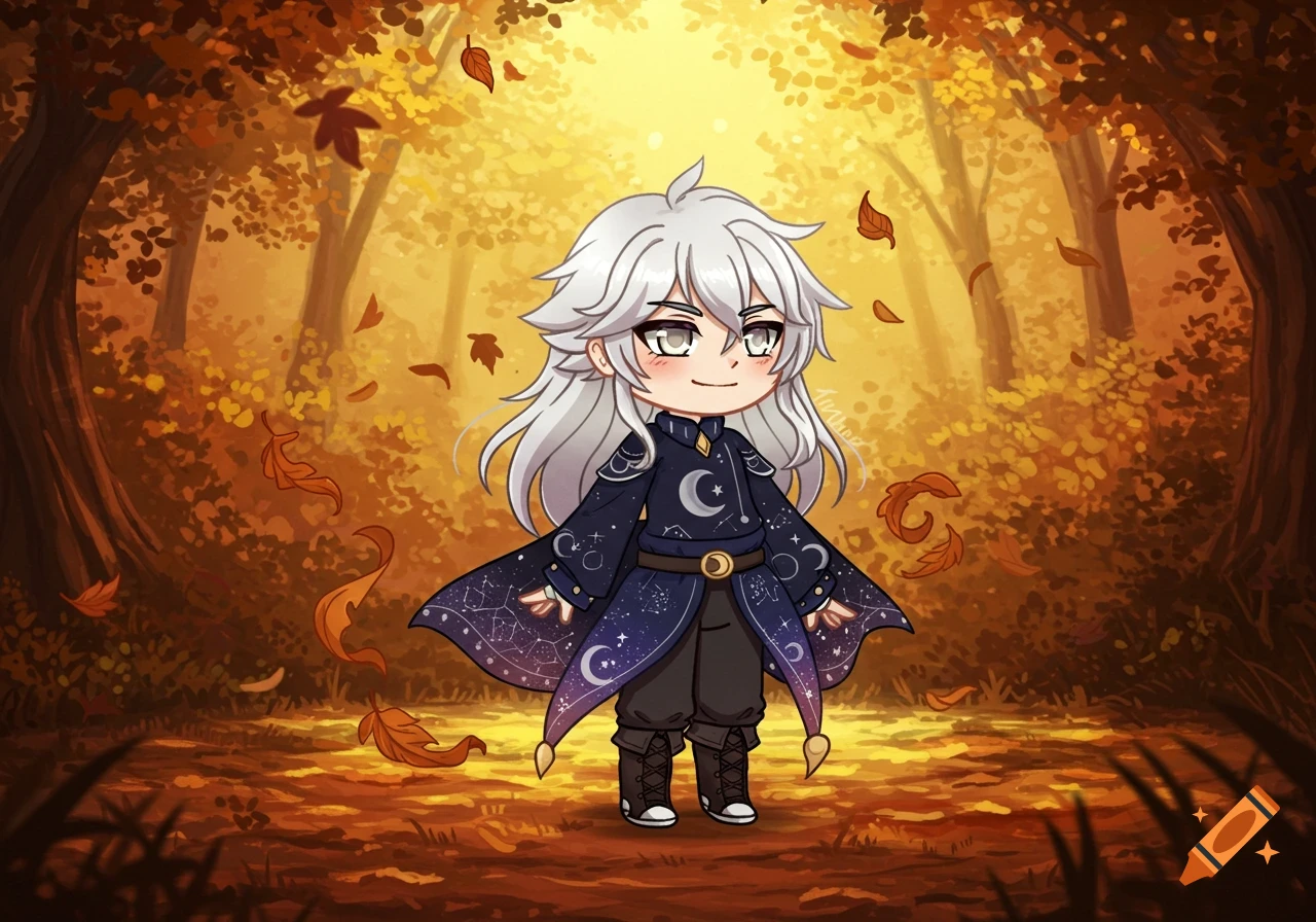 A chibi anime character with white hair and a dark blue cloak adorned with moons and stars stands in a sunlit autumn forest with falling leaves.