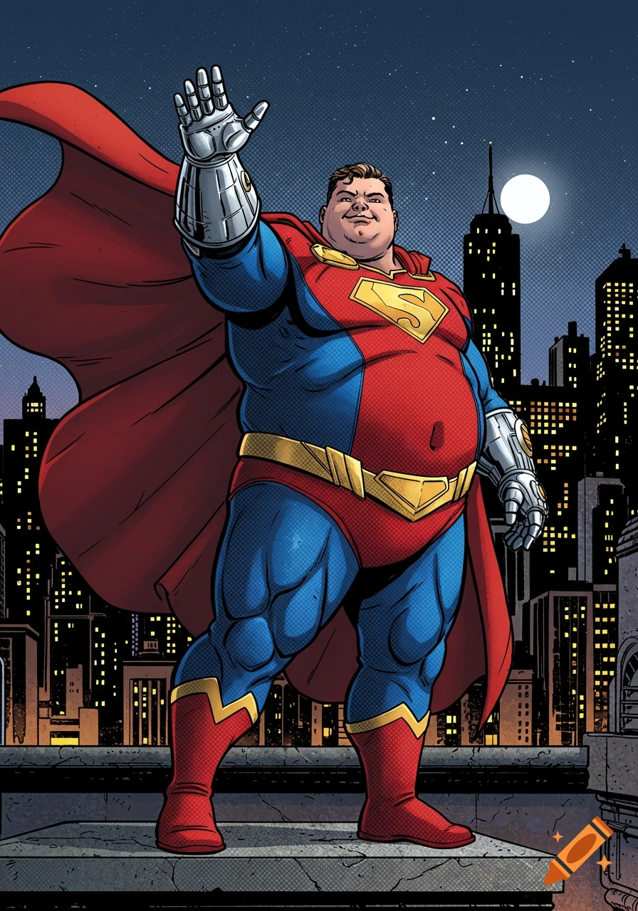 Comic book art of an obese superhero with a red cape and silver robotic arm, waving from a city rooftop at night.