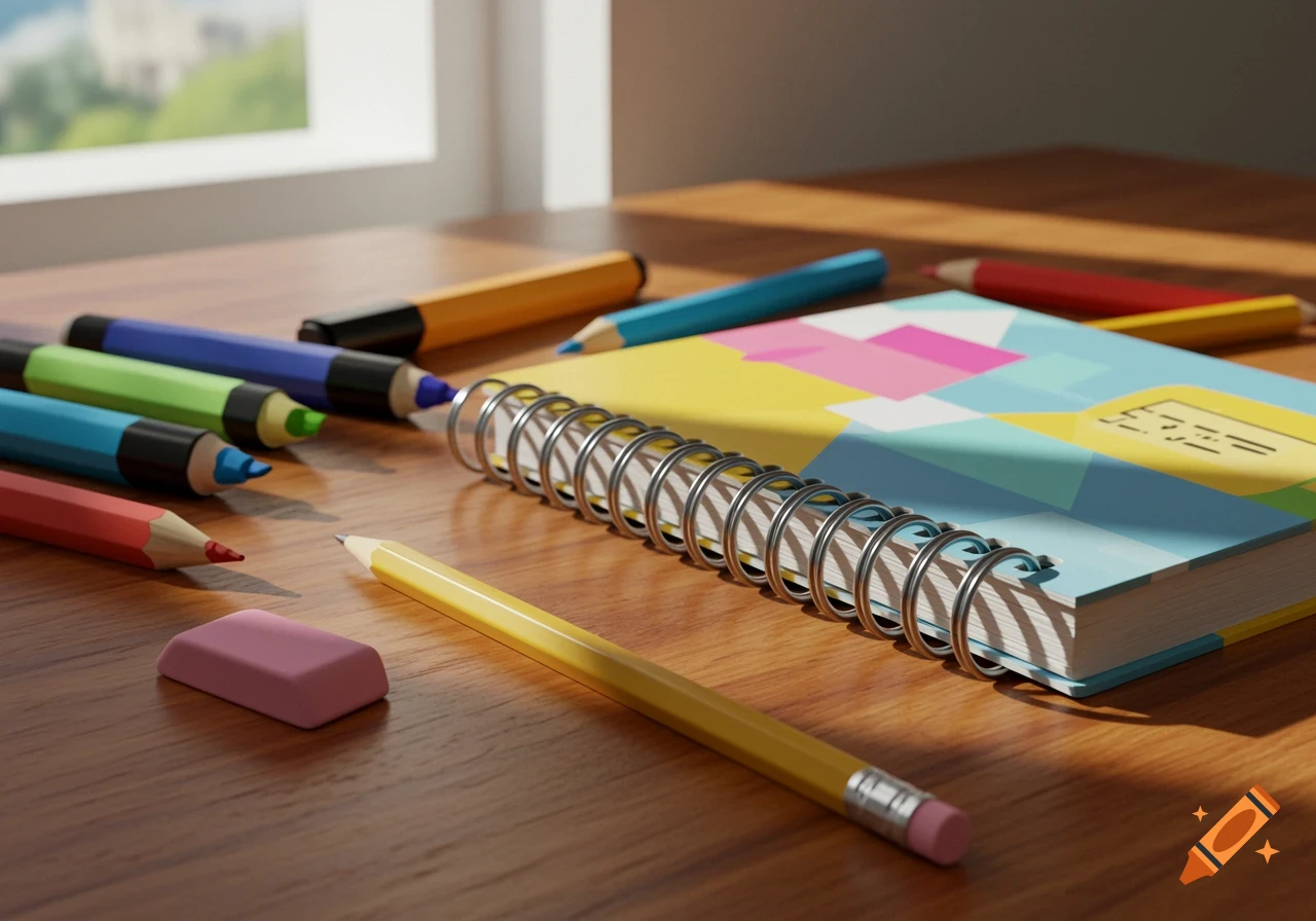 A collection of colorful pencils, markers, a notebook, and an eraser on a wooden desk, bathed in sunlight from a window.