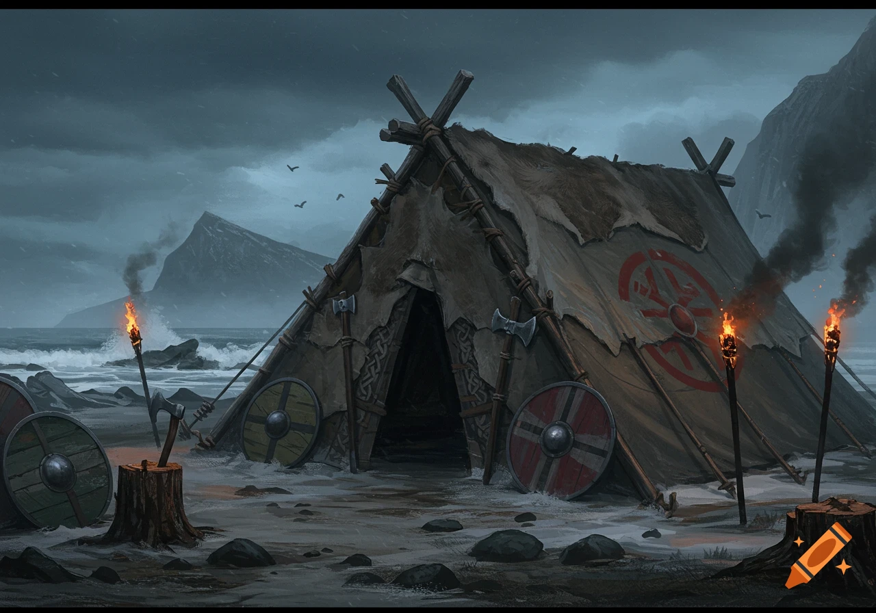 A Viking tent on a stormy beach with axes, shields, and torches, digital painting style.