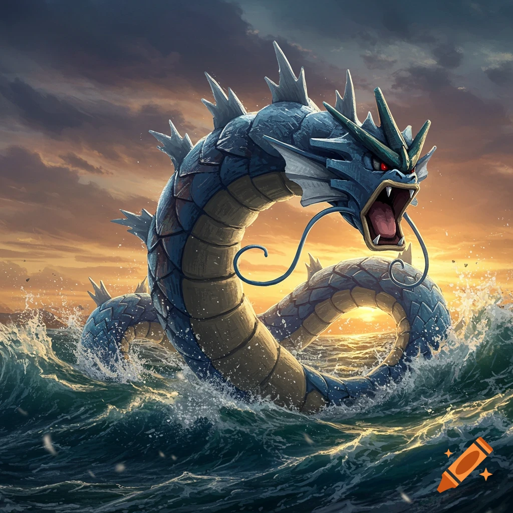 A large blue sea serpent (Gyarados) emerges from choppy water at sunset.