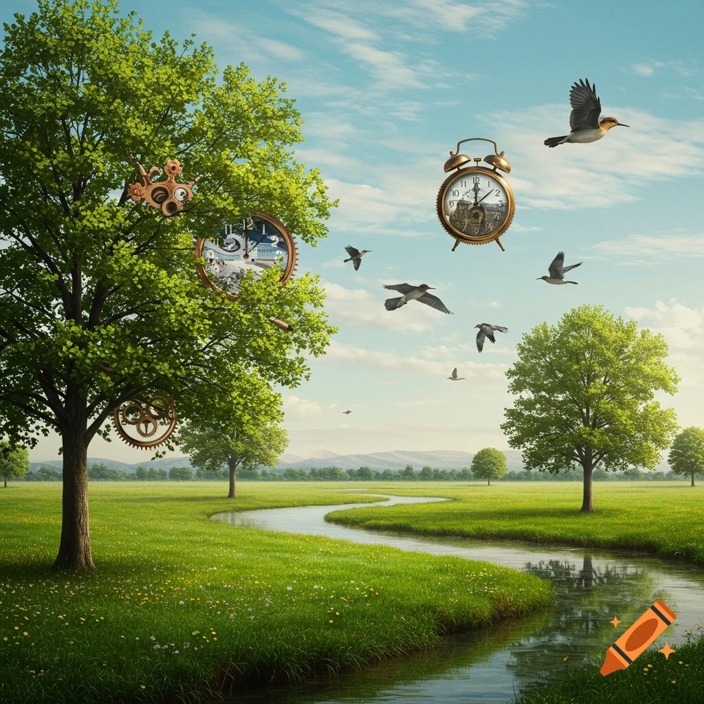 A vibrant, surreal landscape with a winding river, green fields, and trees, featuring floating clocks, gears, and birds under a blue sky.