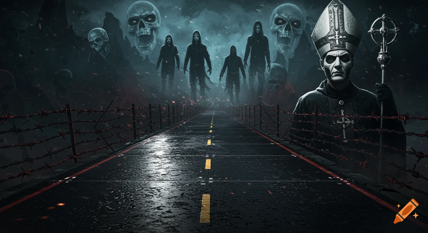 A grim, dark highway with barbed wire, featuring Papa Emeritus holding a staff, shadowy figures, and glowing skulls in the background, in a metal album art style.
