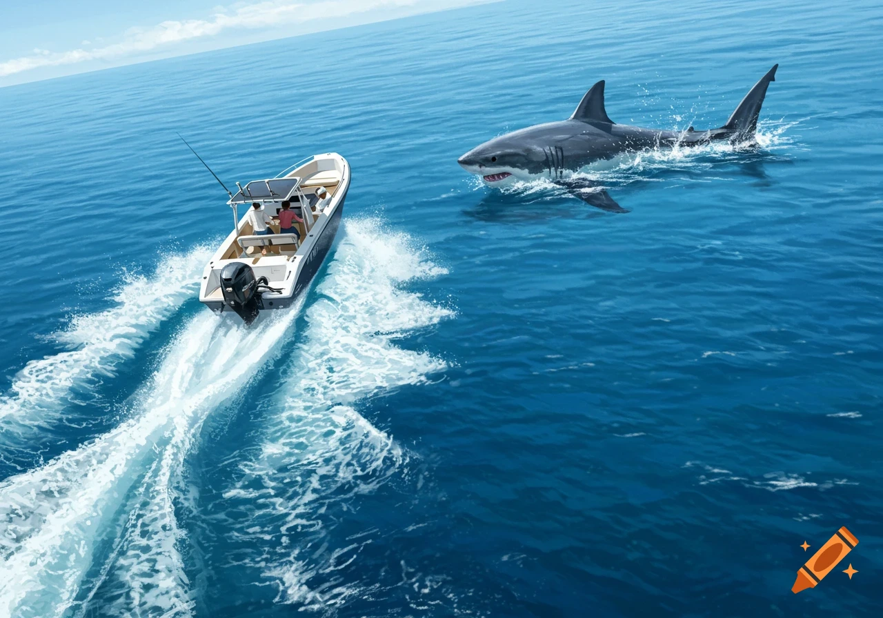 A powerboat creating a wake as a large great white shark swims alongside it in a vast blue ocean under a clear sky.