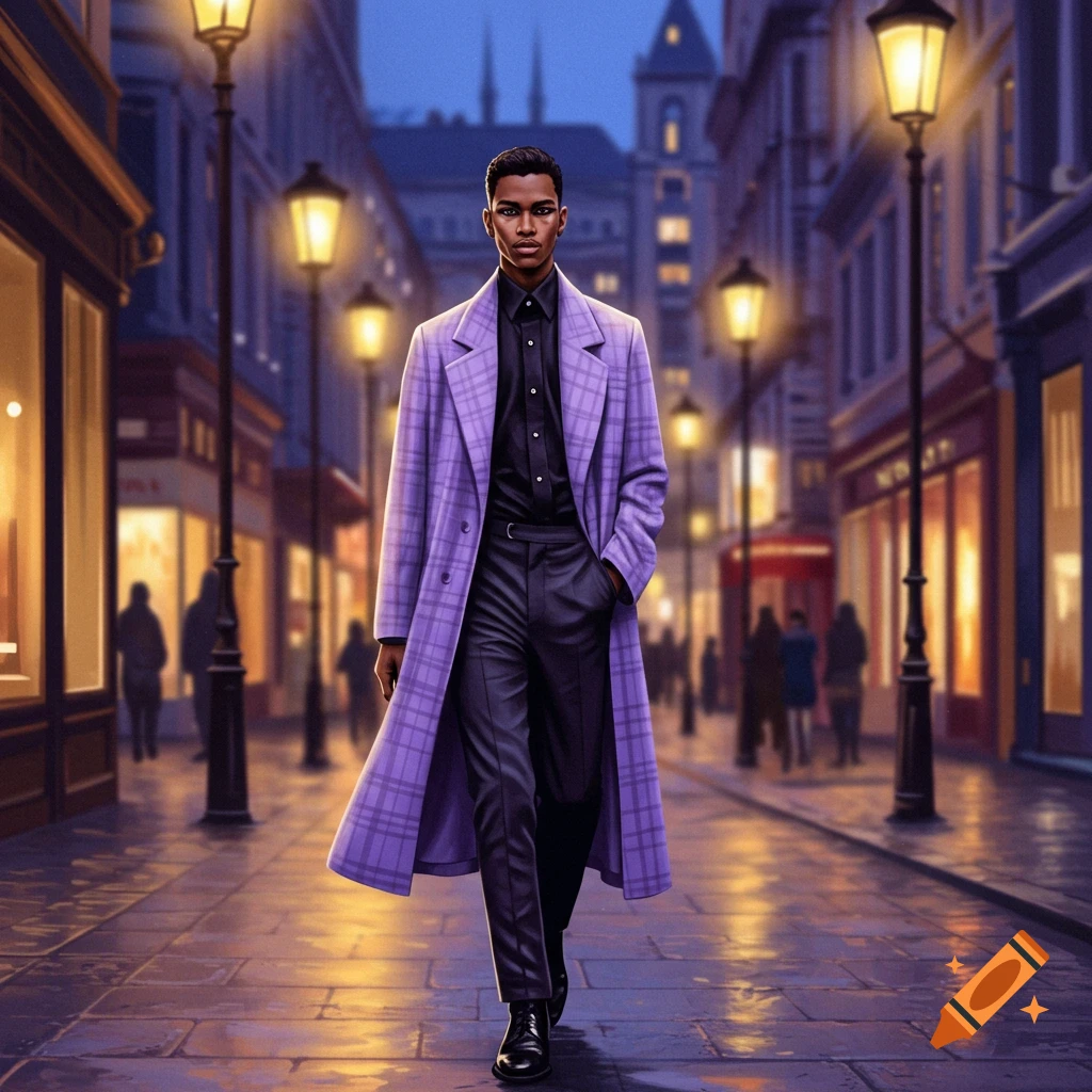 A man in a lavender plaid coat walks down a wet city street at night, lit by streetlights and glowing shop windows.