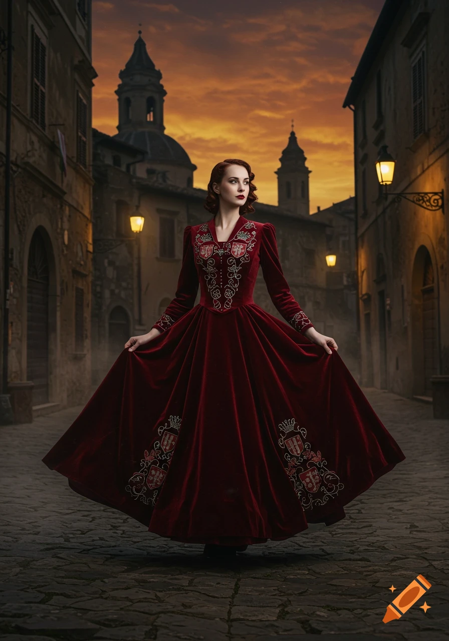 A woman in an ornate, dark red velvet gown stands on a cobblestone street in a medieval town at sunset.