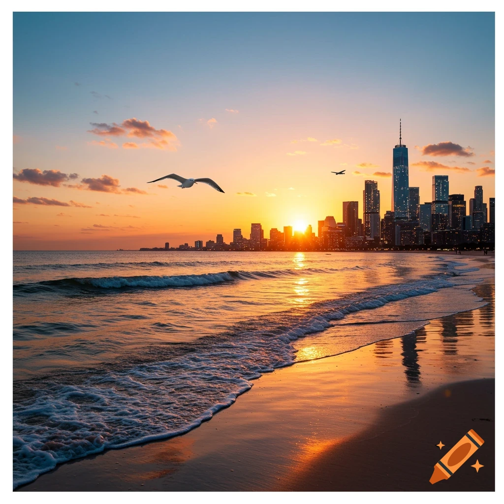 City skyline at sunset, reflected on a sandy beach with crashing waves. Two seagulls fly above the ocean and city.