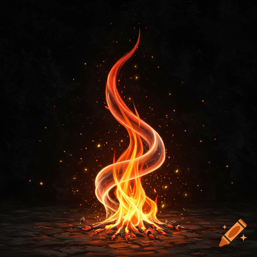 A glowing, stylized flame with swirling tendrils and embers on a dark ground against a black background.